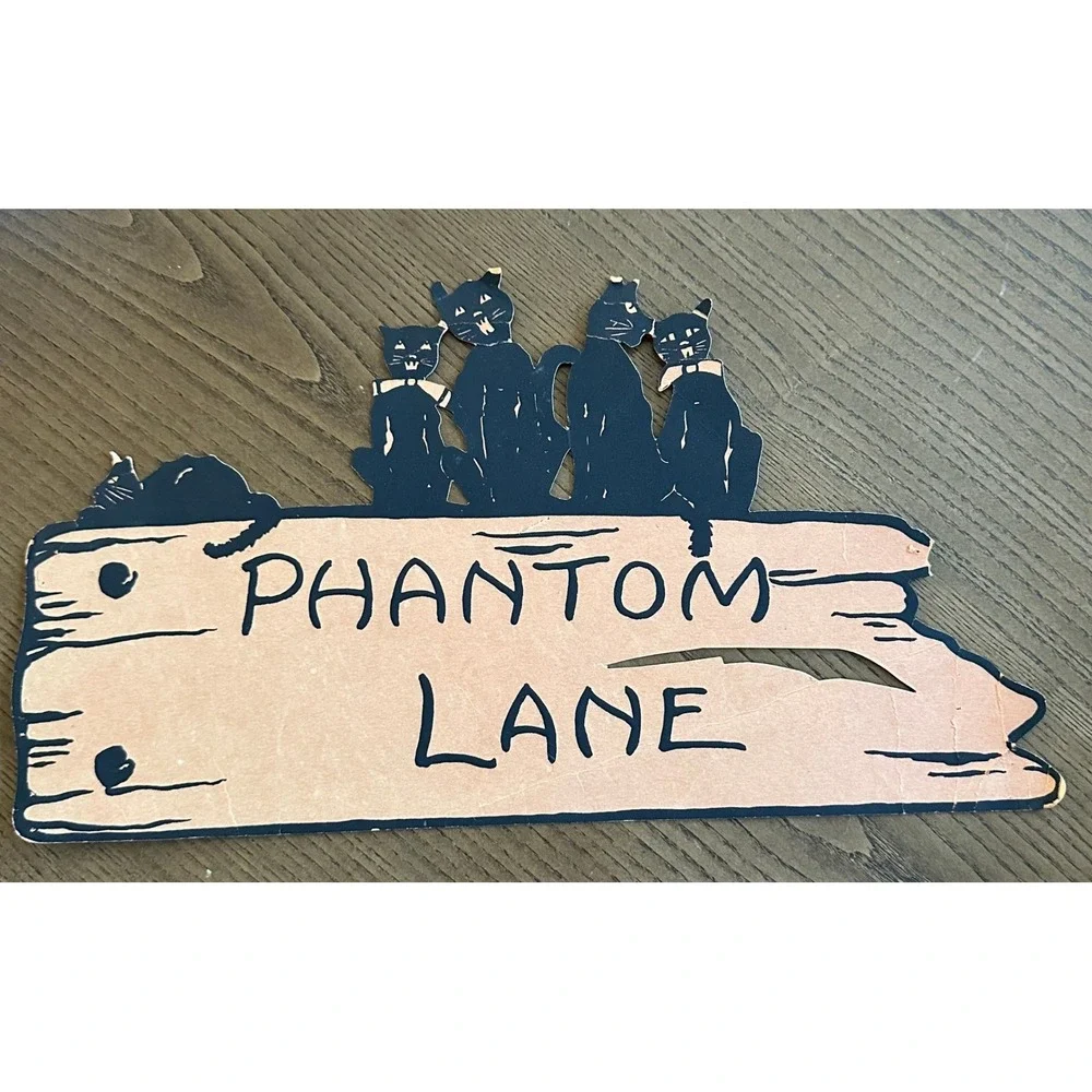 Vintage Halloween Beistle(?) Phantom Lane Black Cats Sign Decoration 14in *READ*